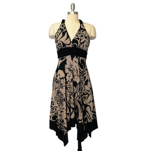 Vintage Y2K Fairy Midi Dress Size S Black Tan Floral V Neck Asymmetric Hem